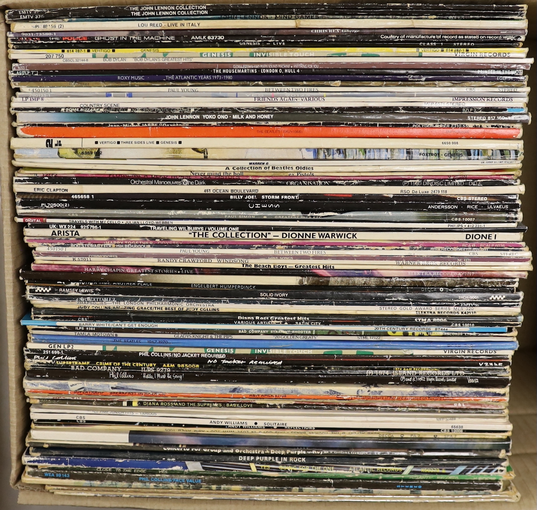 Eighty mostly 1970s LPs etc., including John Lennon, Lou Reed, The Police, Genesis, The Housemartins, Roxy Music, Paul Young, The Beatles, Sex Pistols, Billy Joel, Paul Simon, Rod Stewart, Madness, Leo Sayer, Phil Collin